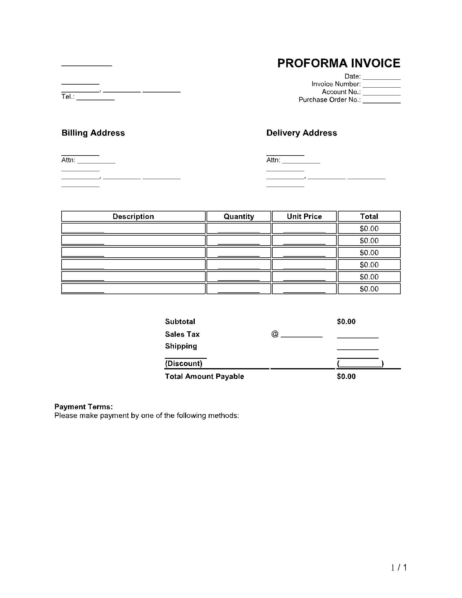 blank proforma invoice template