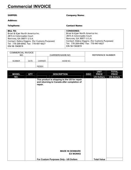 sample commercial invoice template