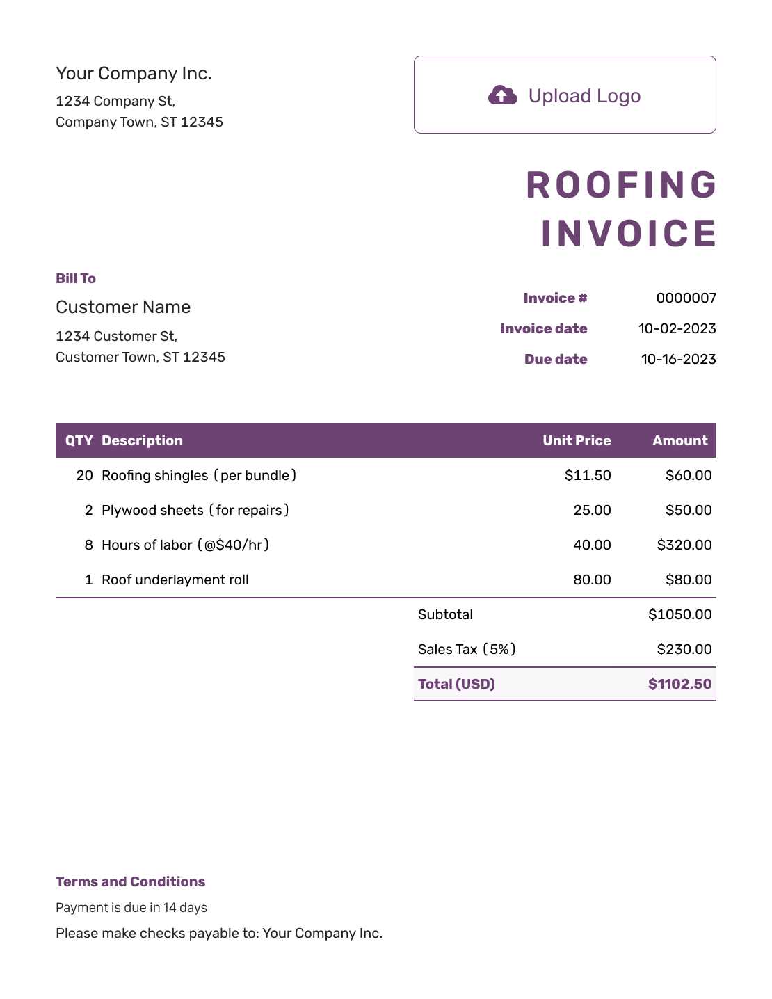 free download roofing invoice template