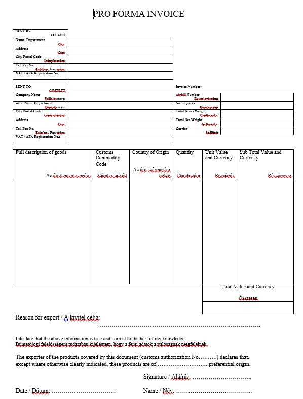 proforma invoice template ups