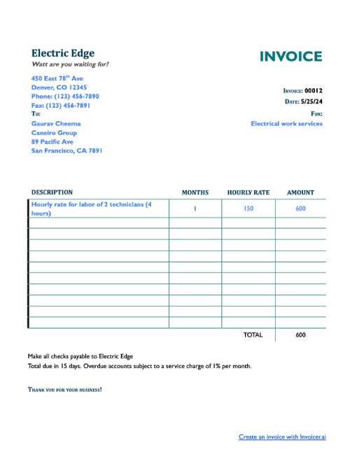 electrical invoice template excel