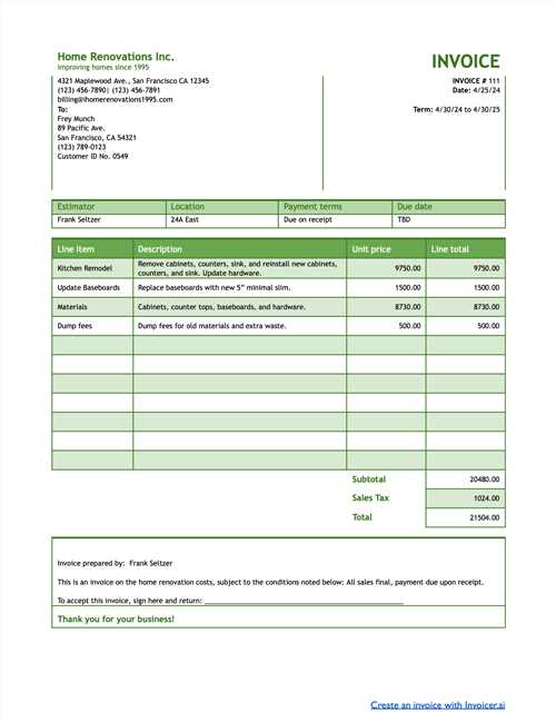 home repair invoice template free