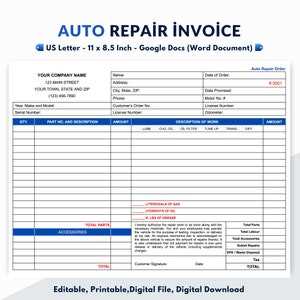 downloadable free printable auto repair invoice template