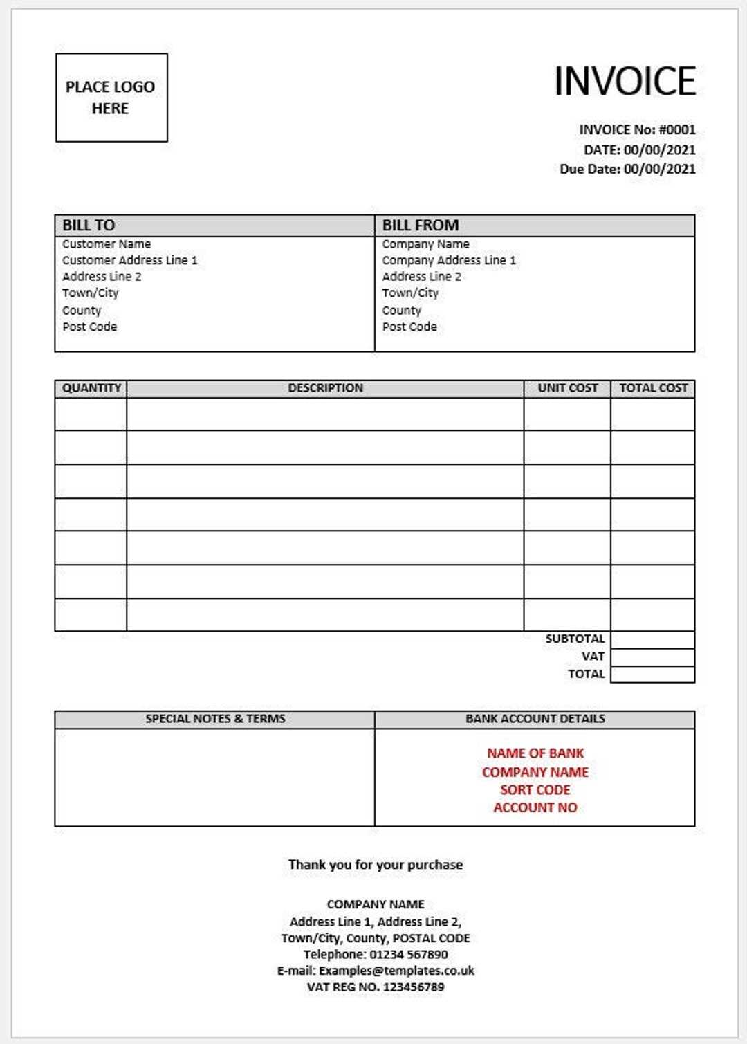 bank invoice template