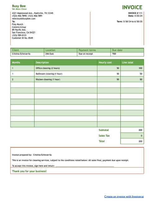 cleaning service invoice template word