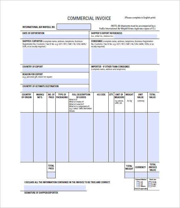 commercial invoice template excel