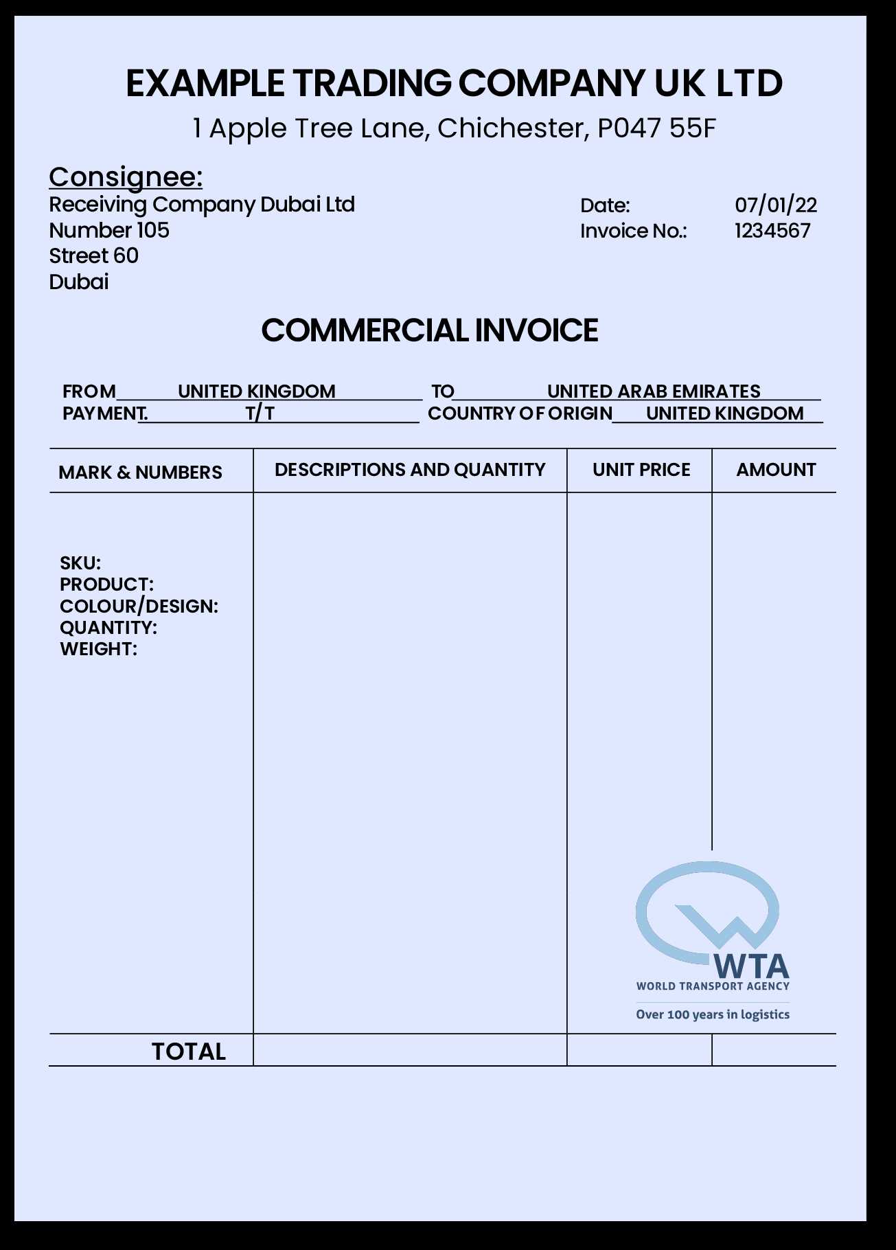 commercial invoice template uk