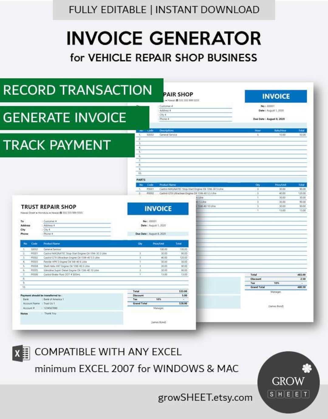 computer repair invoice template excel