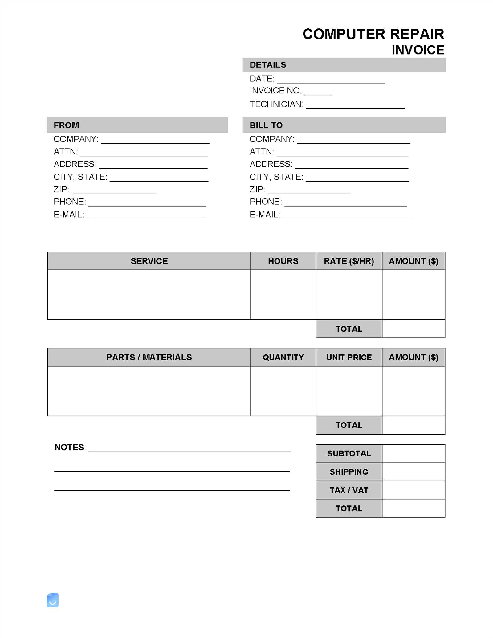 computer technician invoice template