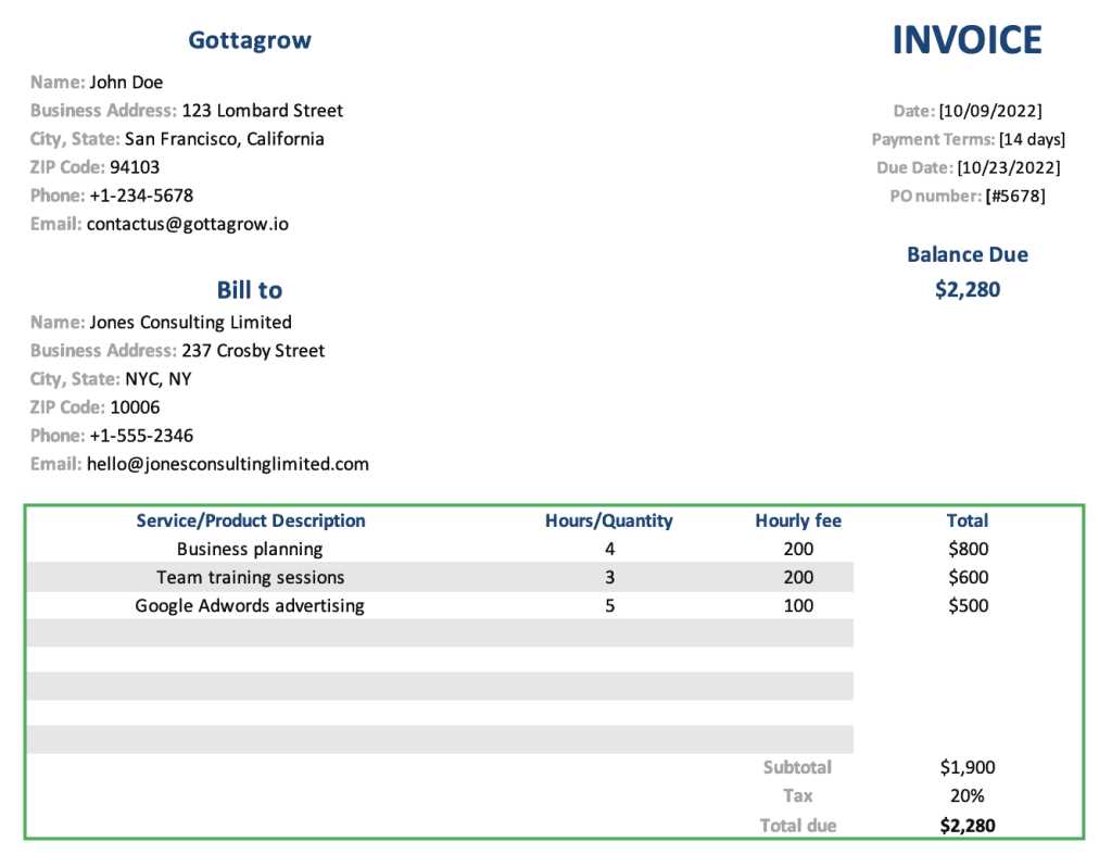 word document invoice template