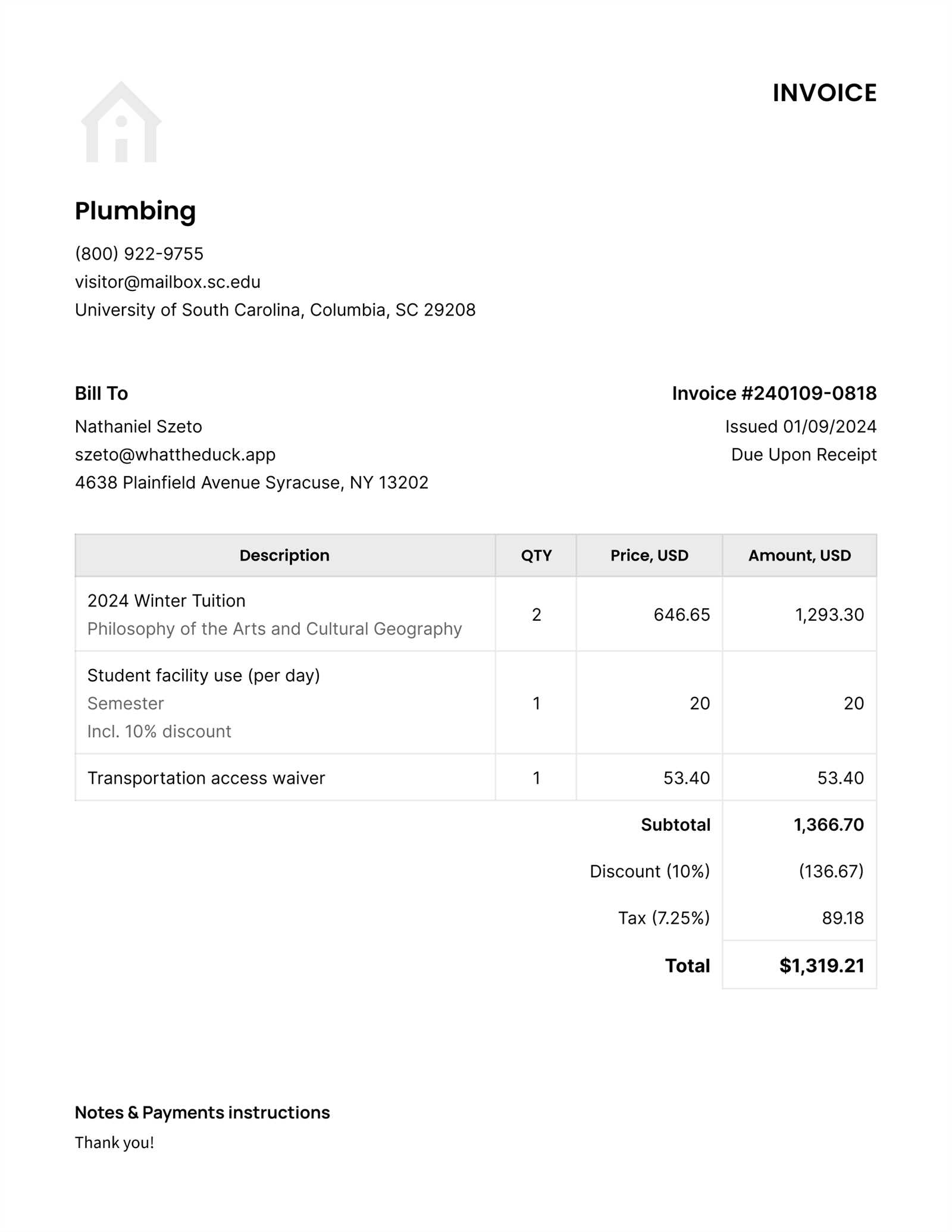 tuition invoice template