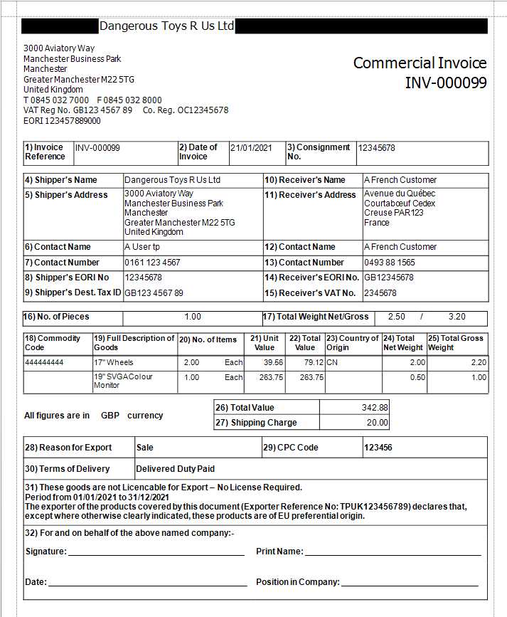 customs invoice template uk