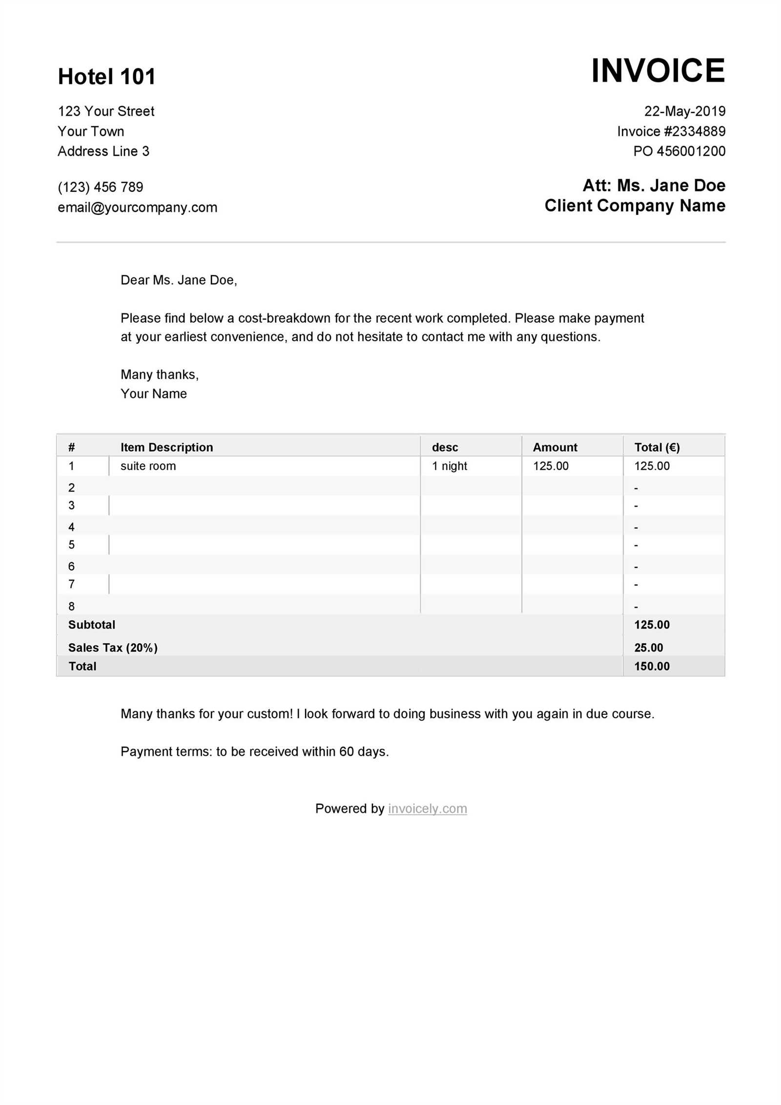 hotel invoice format in word template