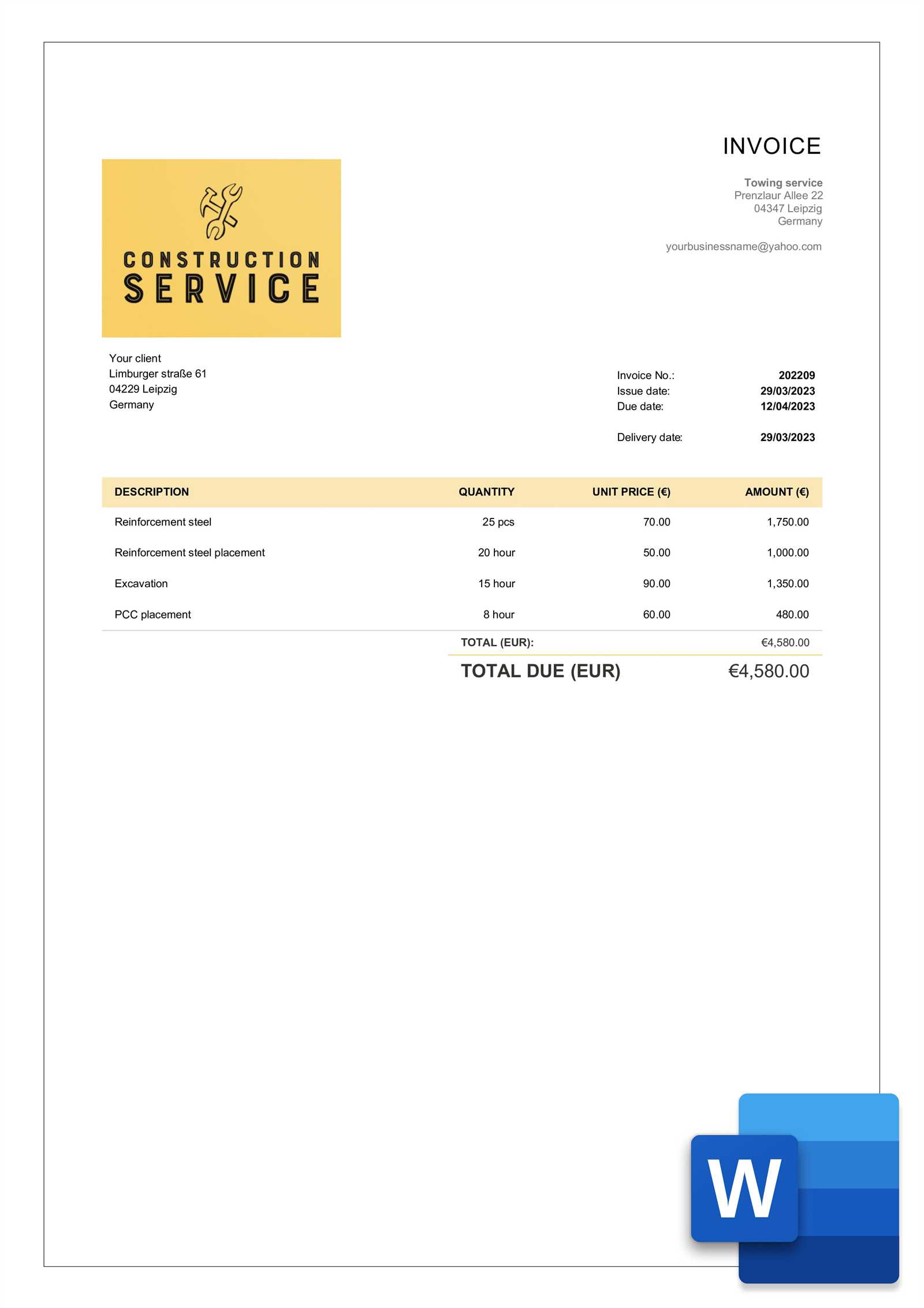 construction invoices templates