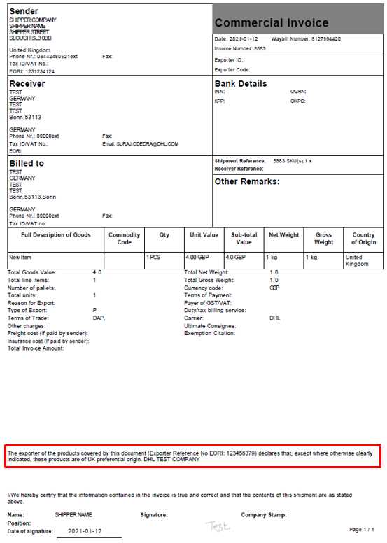 dhl customs invoice template