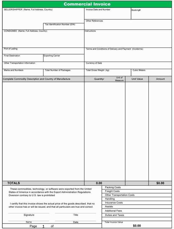 fillable commercial invoice template