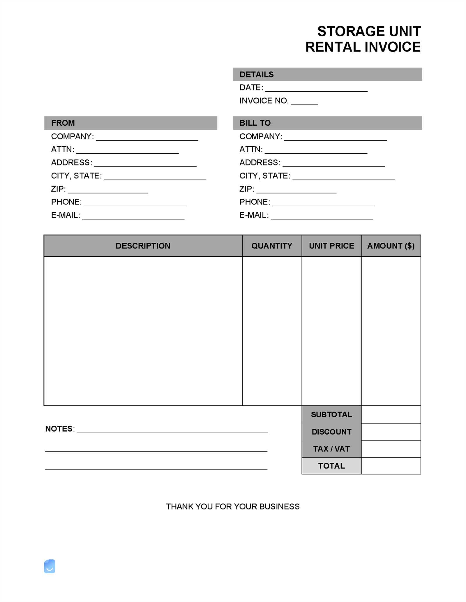 storage invoice template