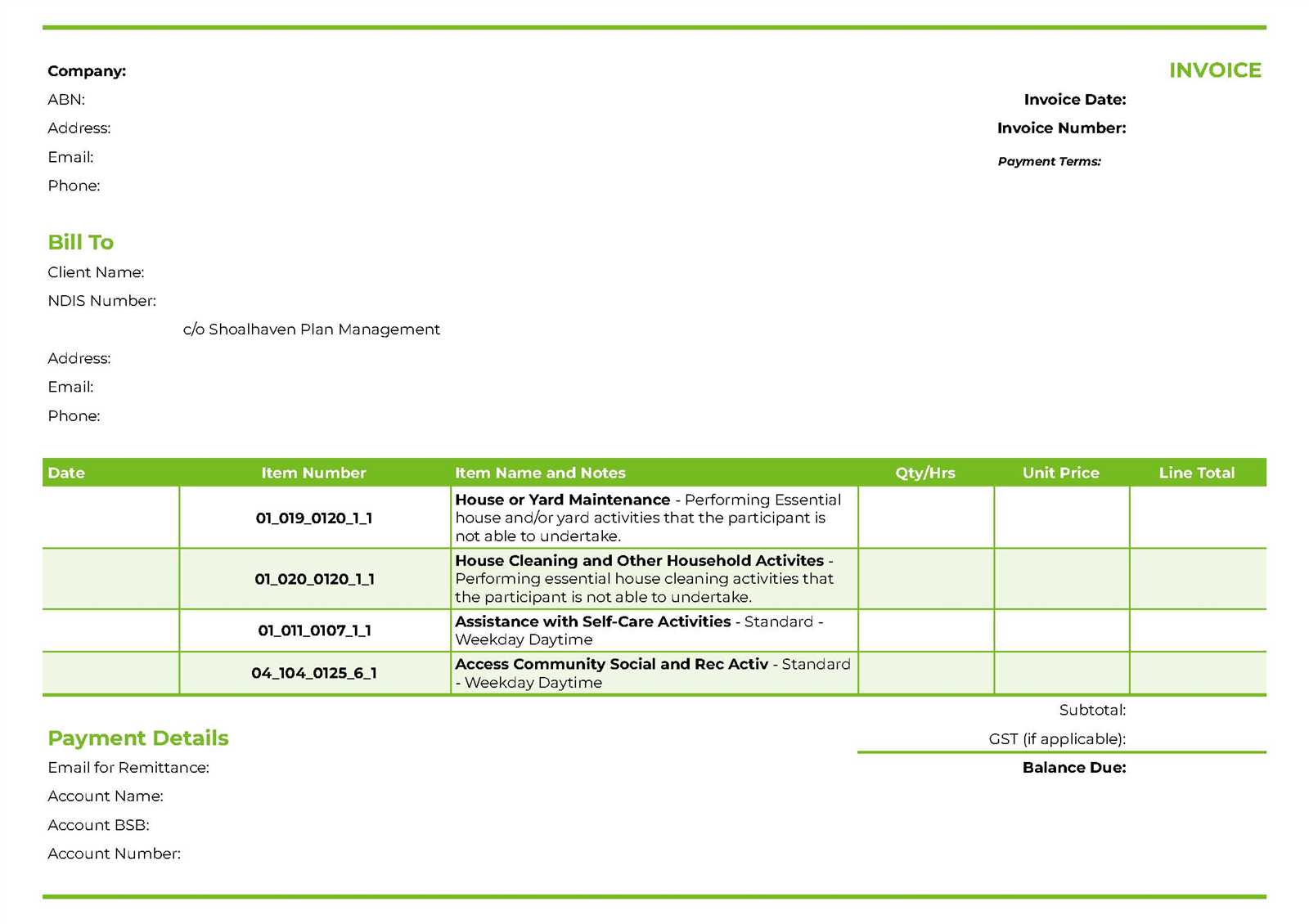 ndis invoice template