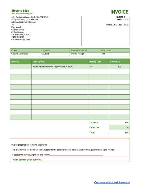 electrician invoice template word