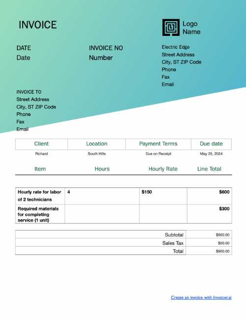 electrician invoice template word