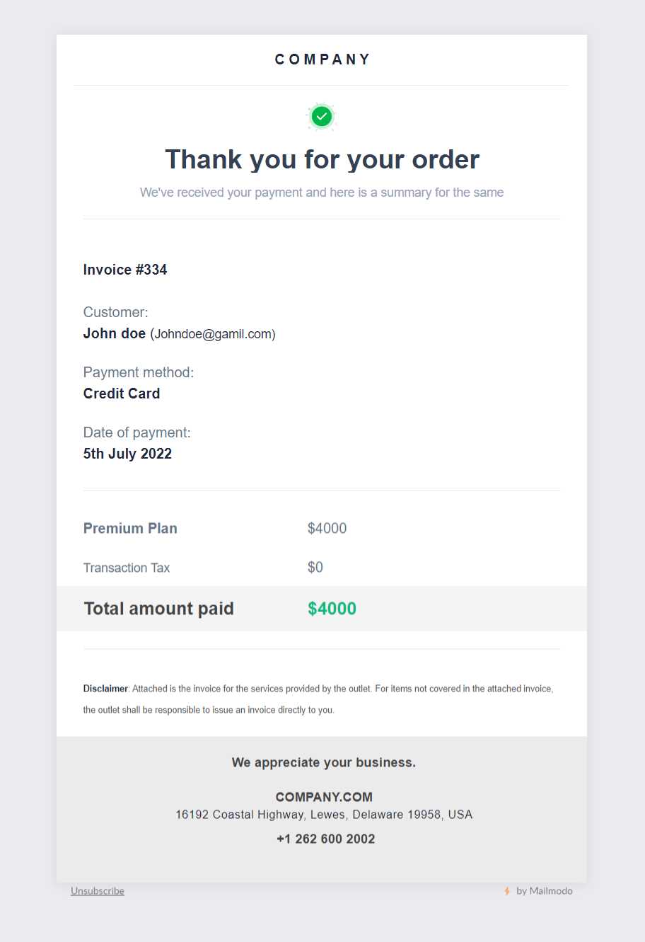 email template for sending invoice to customer