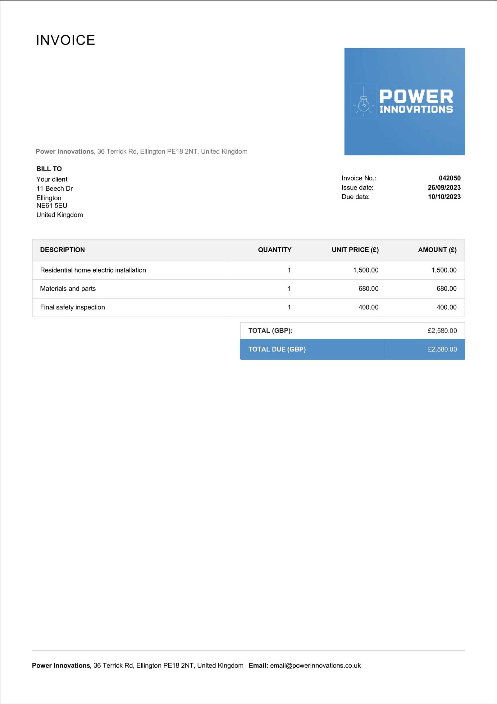 electrical service invoice template