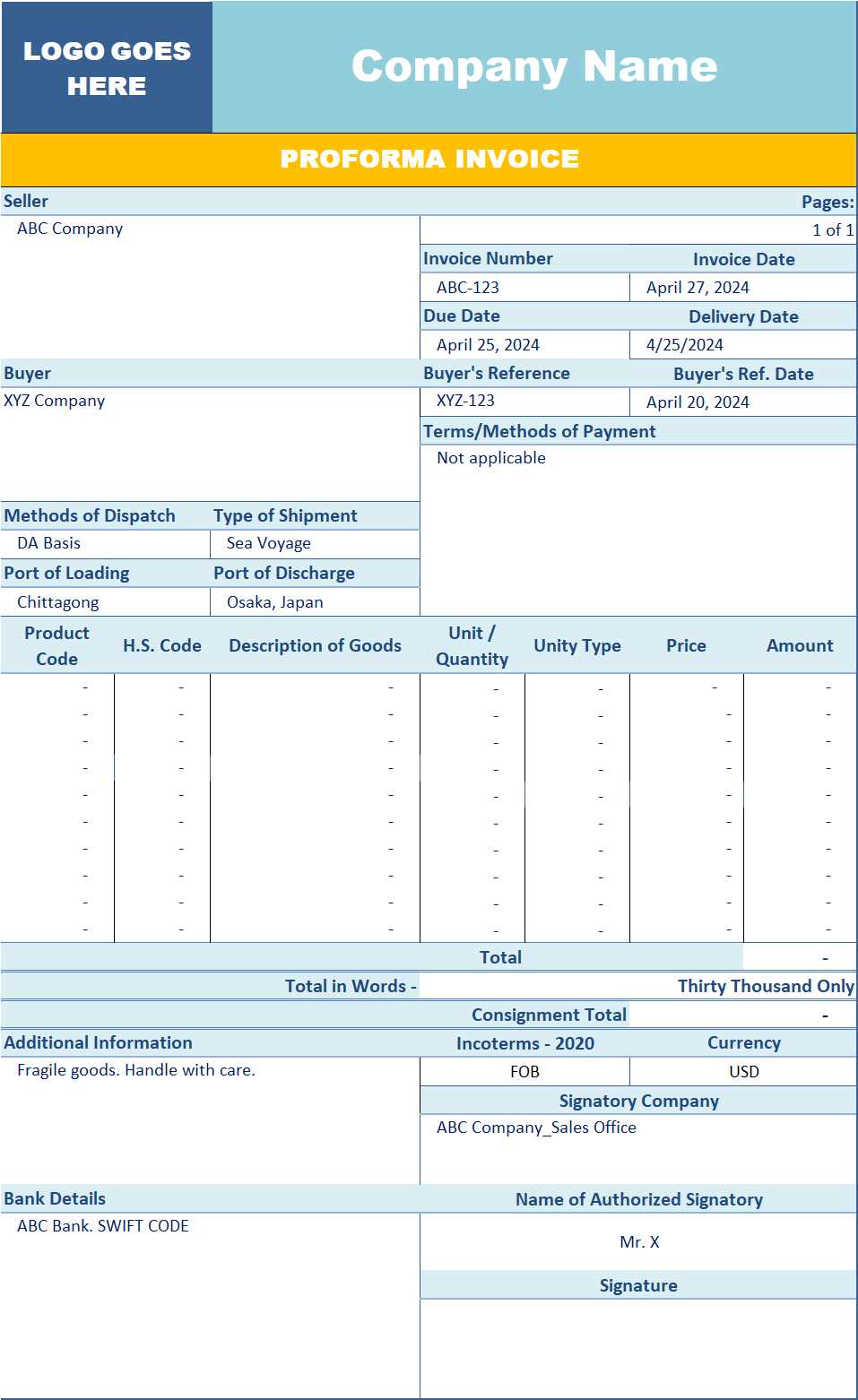 excel proforma invoice template