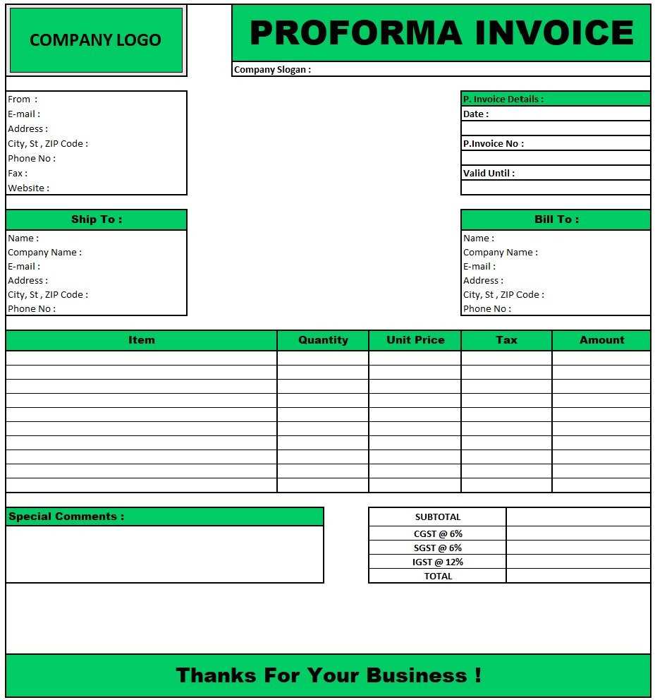 excel proforma invoice template