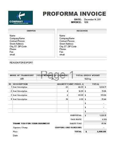 excel proforma invoice template