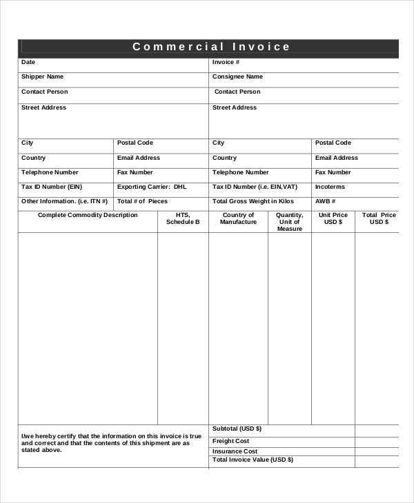 export commercial invoice template