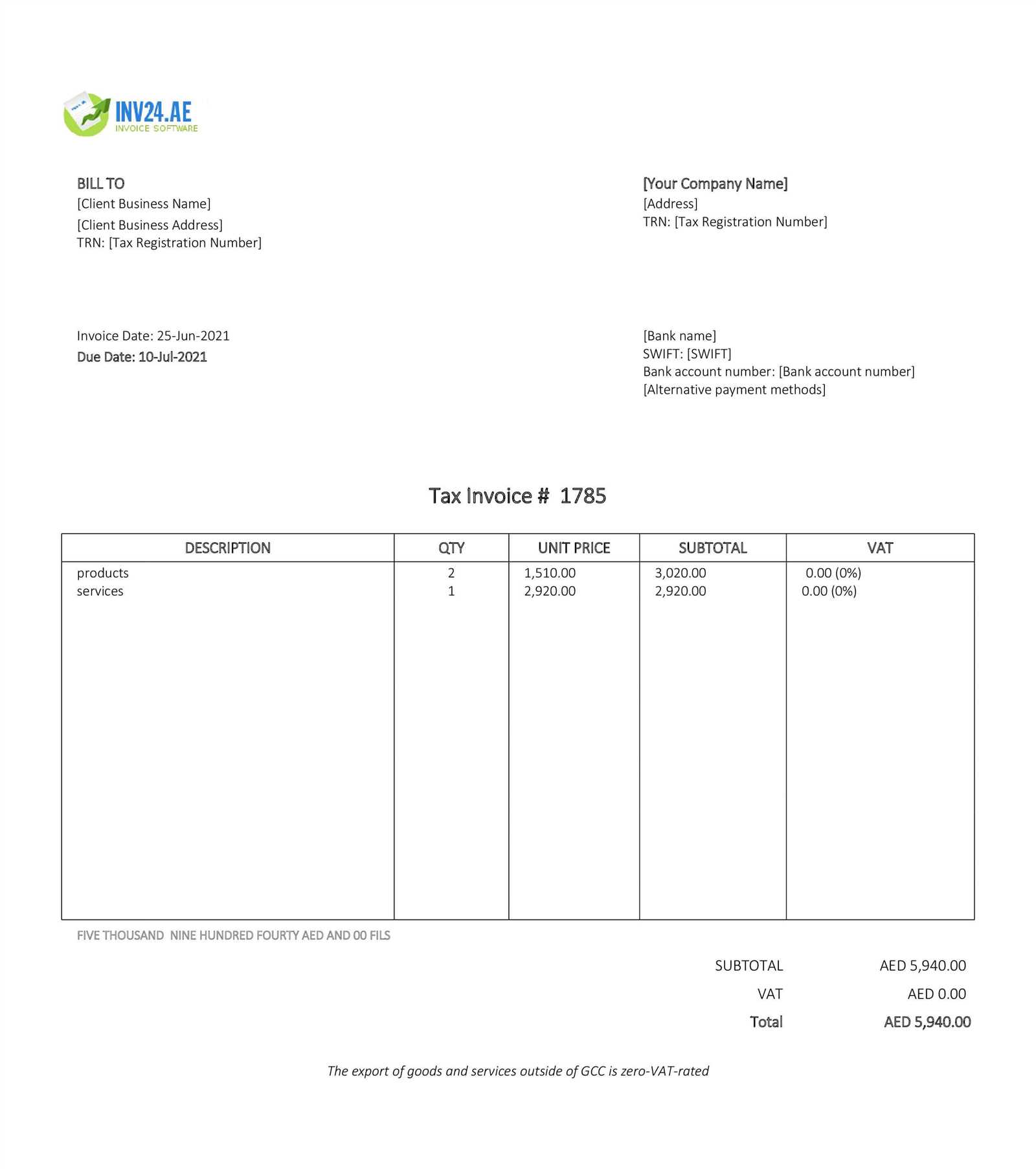 export commercial invoice template