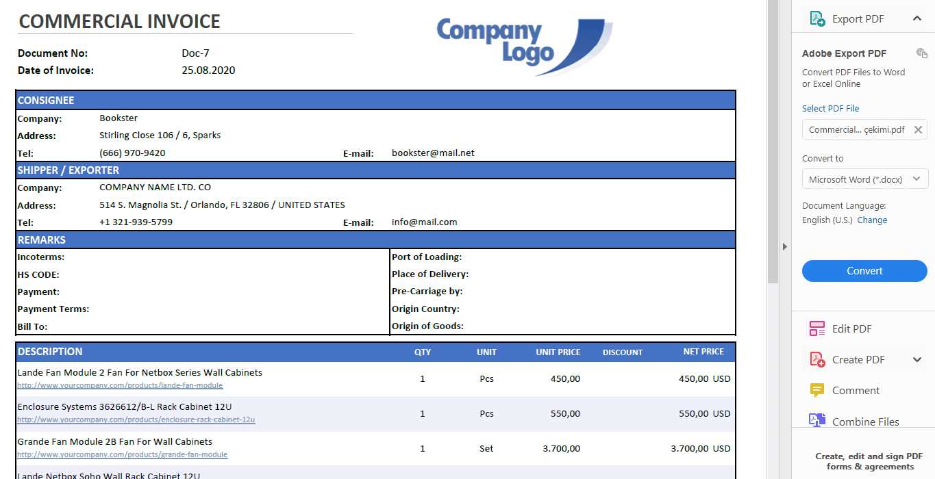 export commercial invoice template