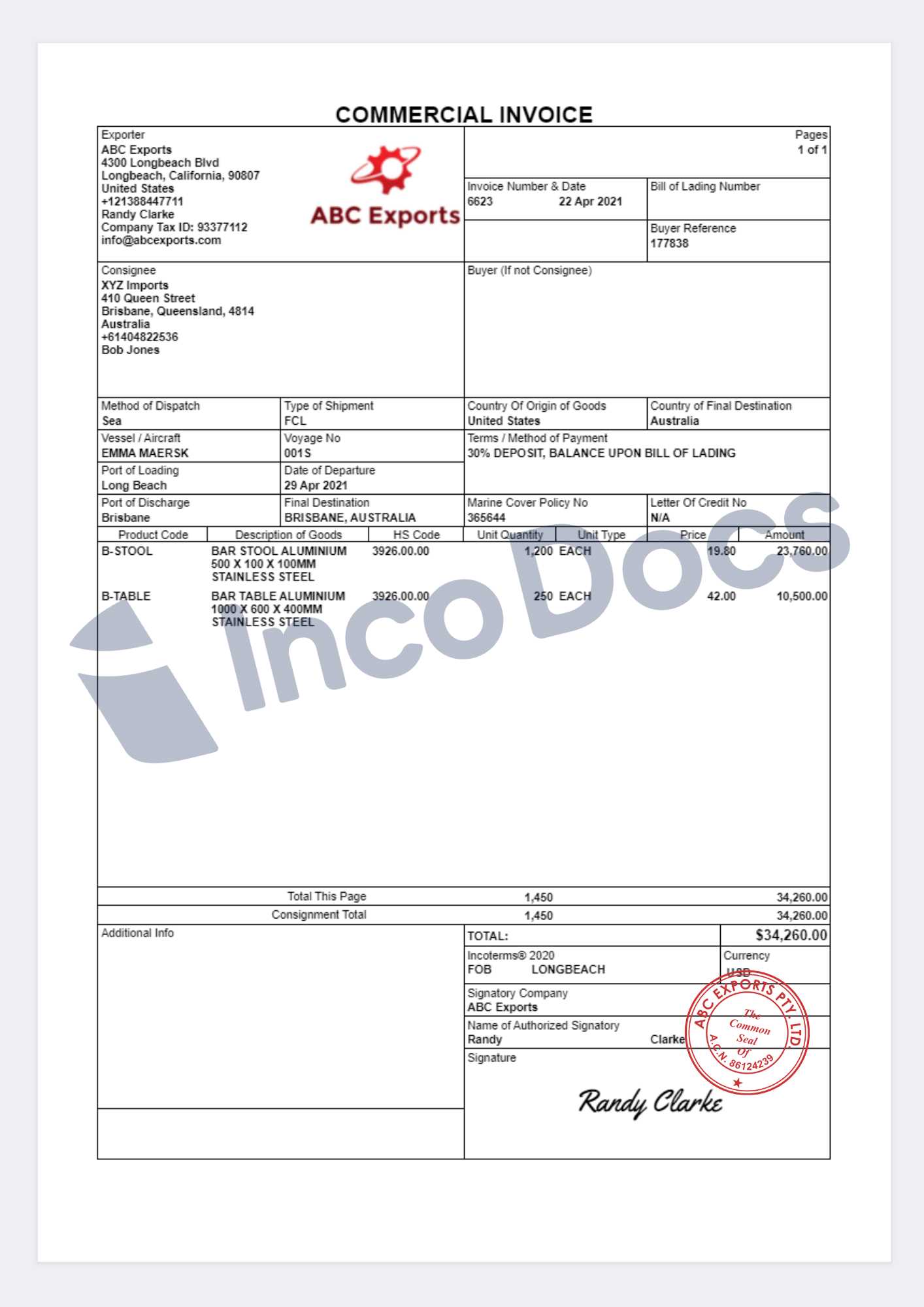 export commercial invoice template