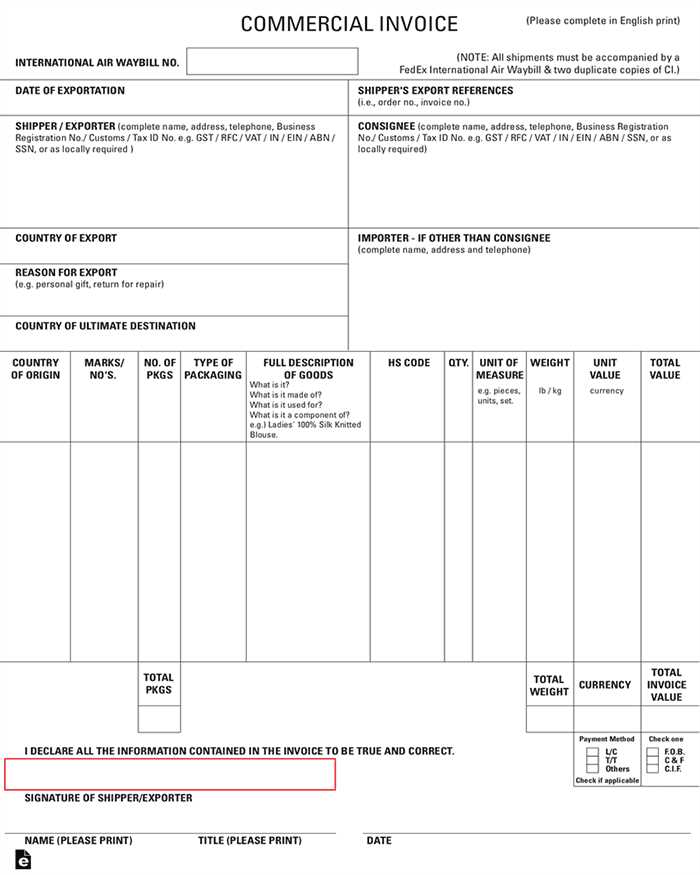 fedex commercial invoice template free