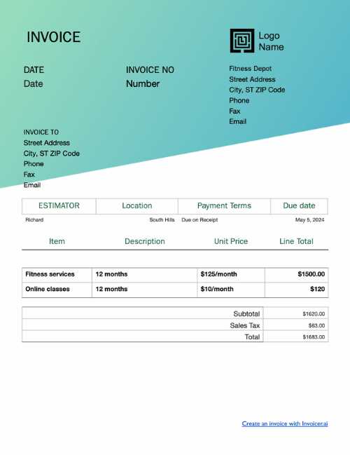 fitness instructor invoice template