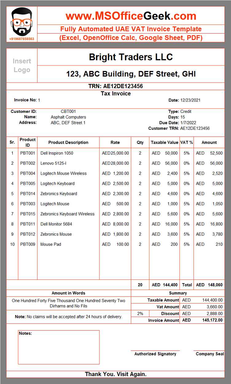 tax invoice template excel