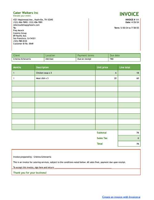 food service invoice template