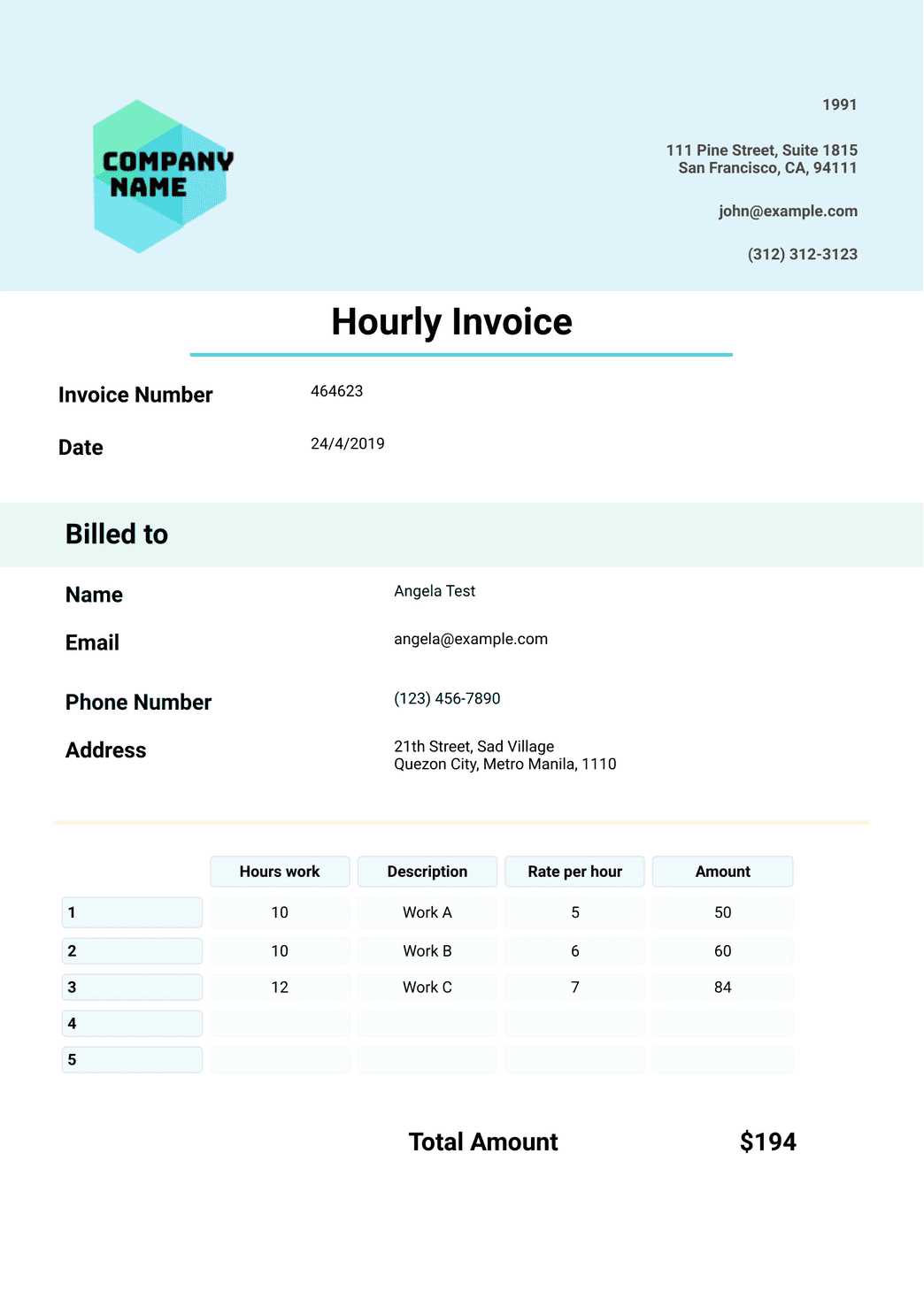 hourly billing invoice template