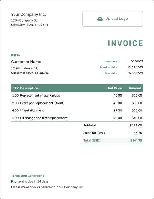 free auto repair invoice template pdf