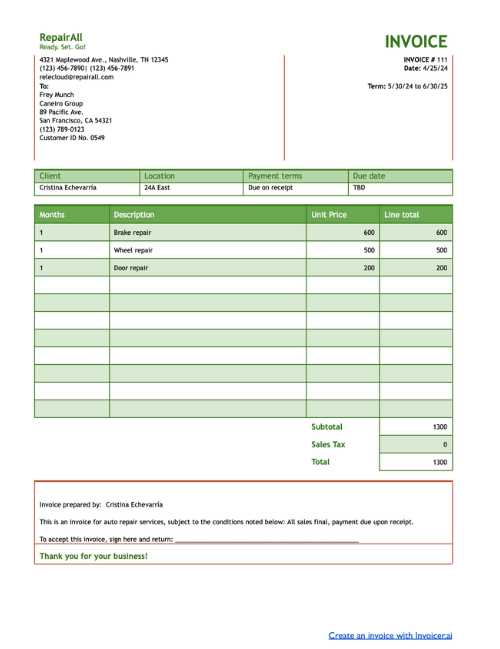 free auto repair invoice template pdf