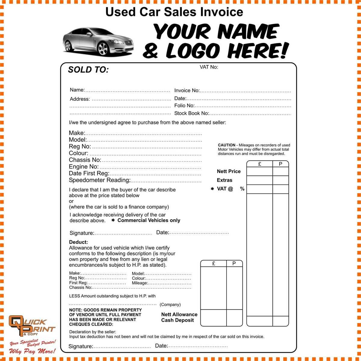 free car sales invoice template