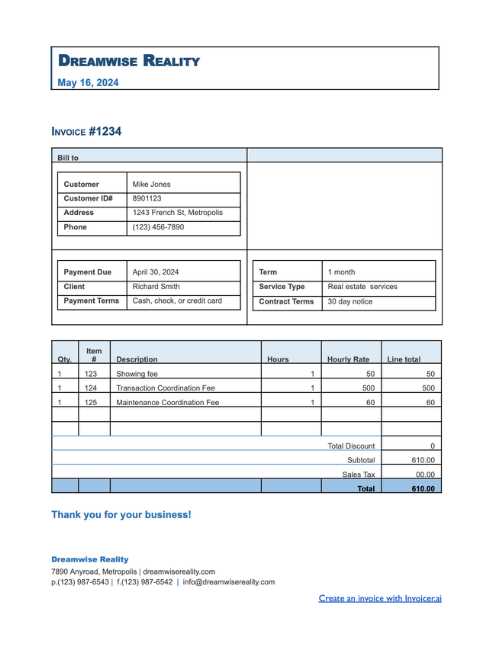 real estate agent invoice template