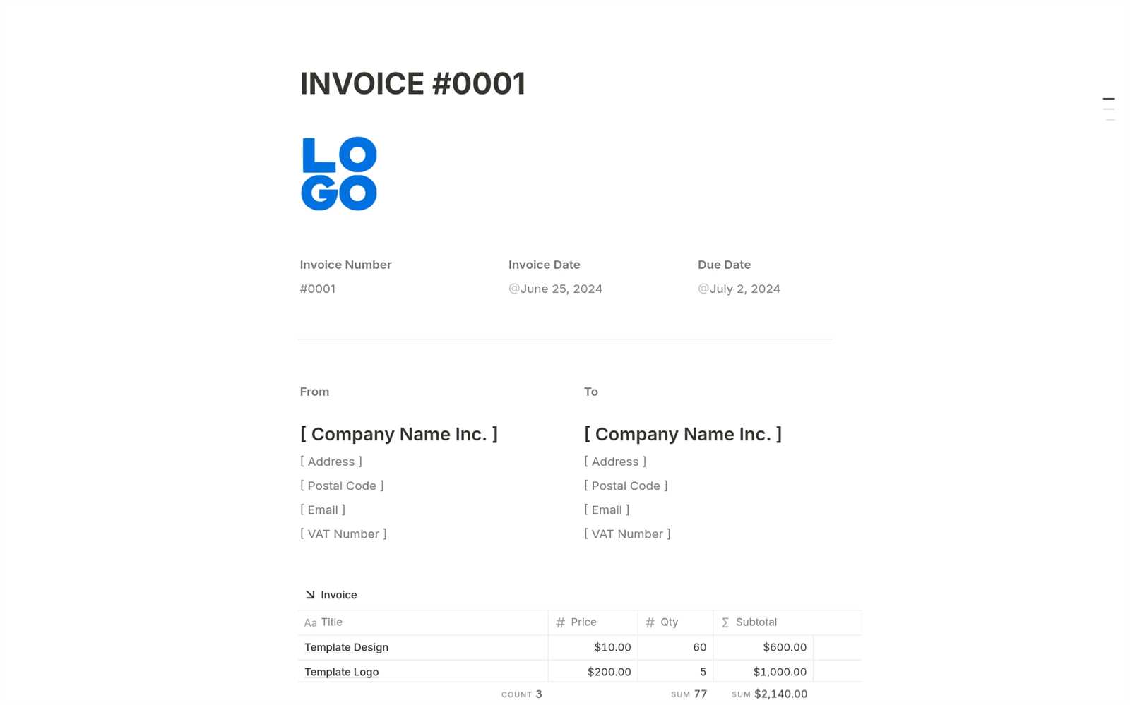 invoice template notion