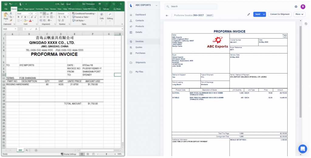 proforma invoice for customs clearance template