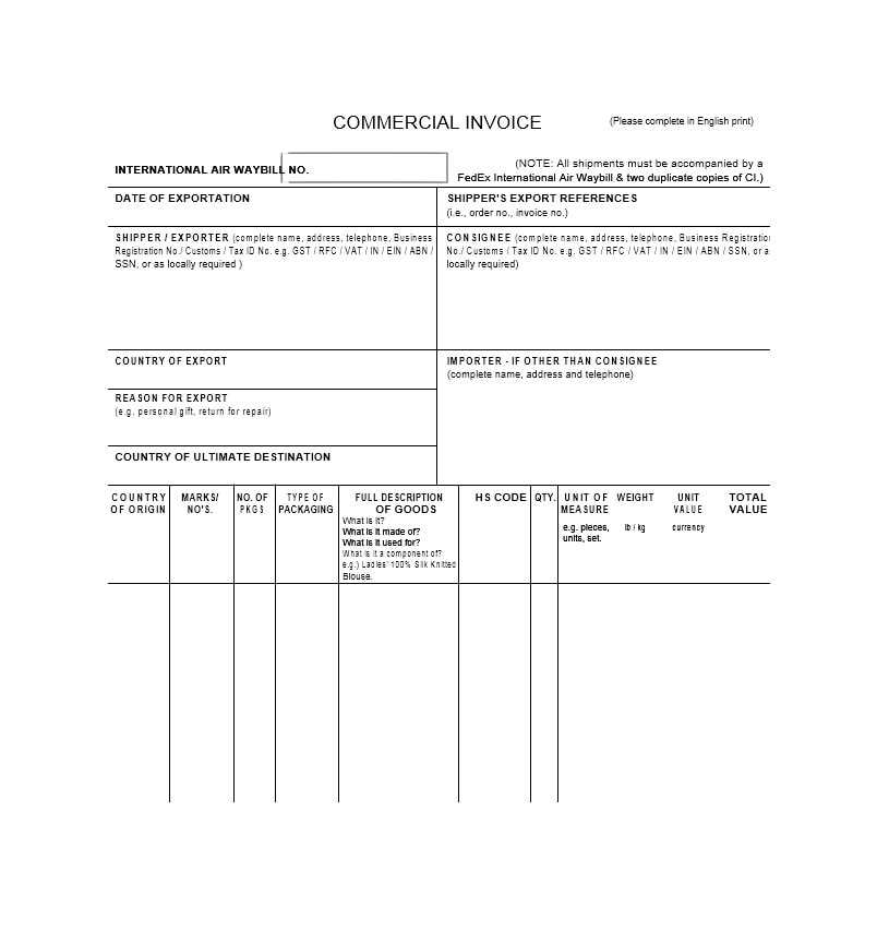 free international commercial invoice template