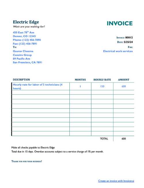 electrical contractor invoice template