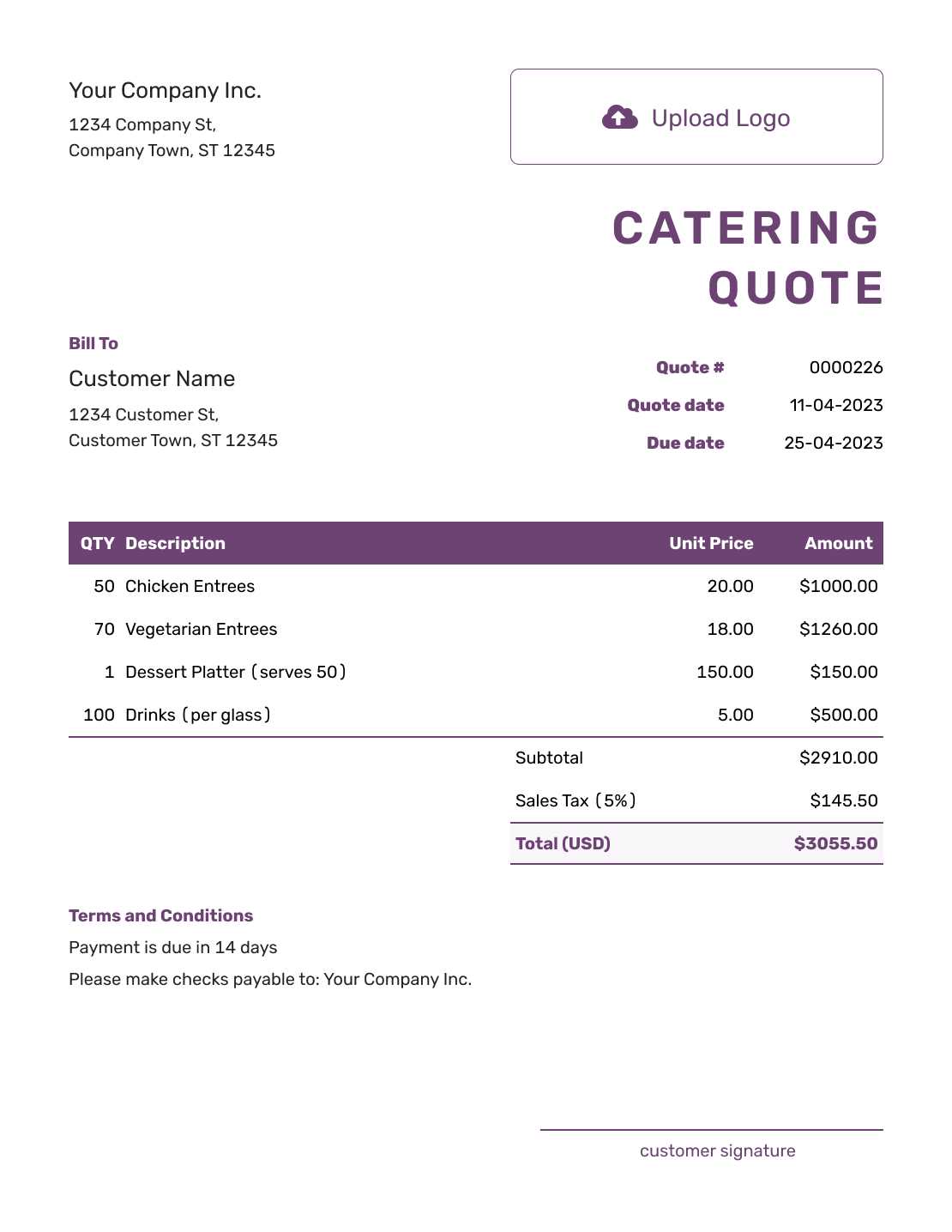 free printable catering invoice template