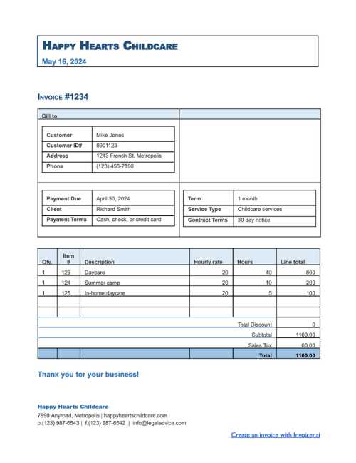 free printable daycare invoice template