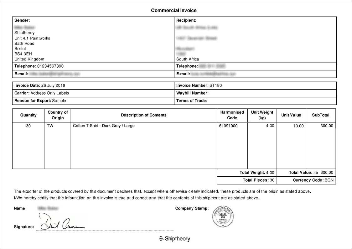 customs invoice template uk