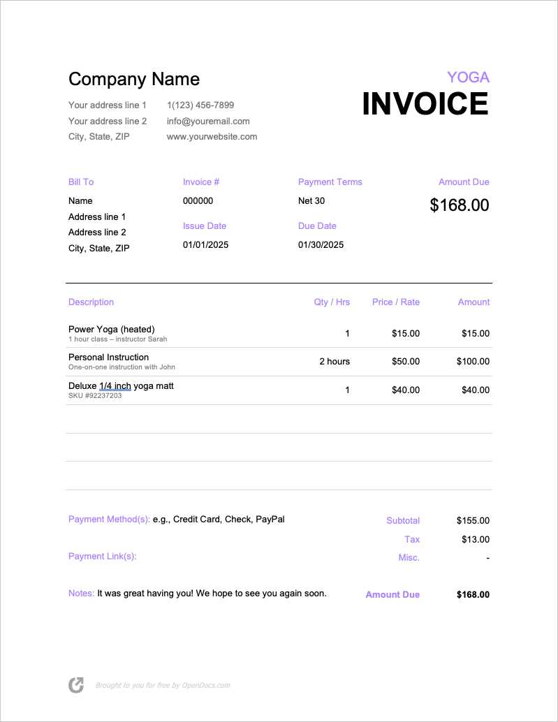 free yoga invoice template